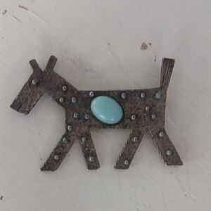 Handcrafted Style Vintage Dog Brooch with Turquoise Color Accent Modern